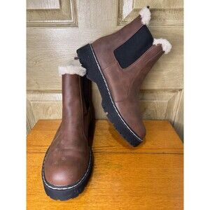 Portland Boots Brown Leather Faux Fur Chelsea Helena Lug Slip On Women's 11